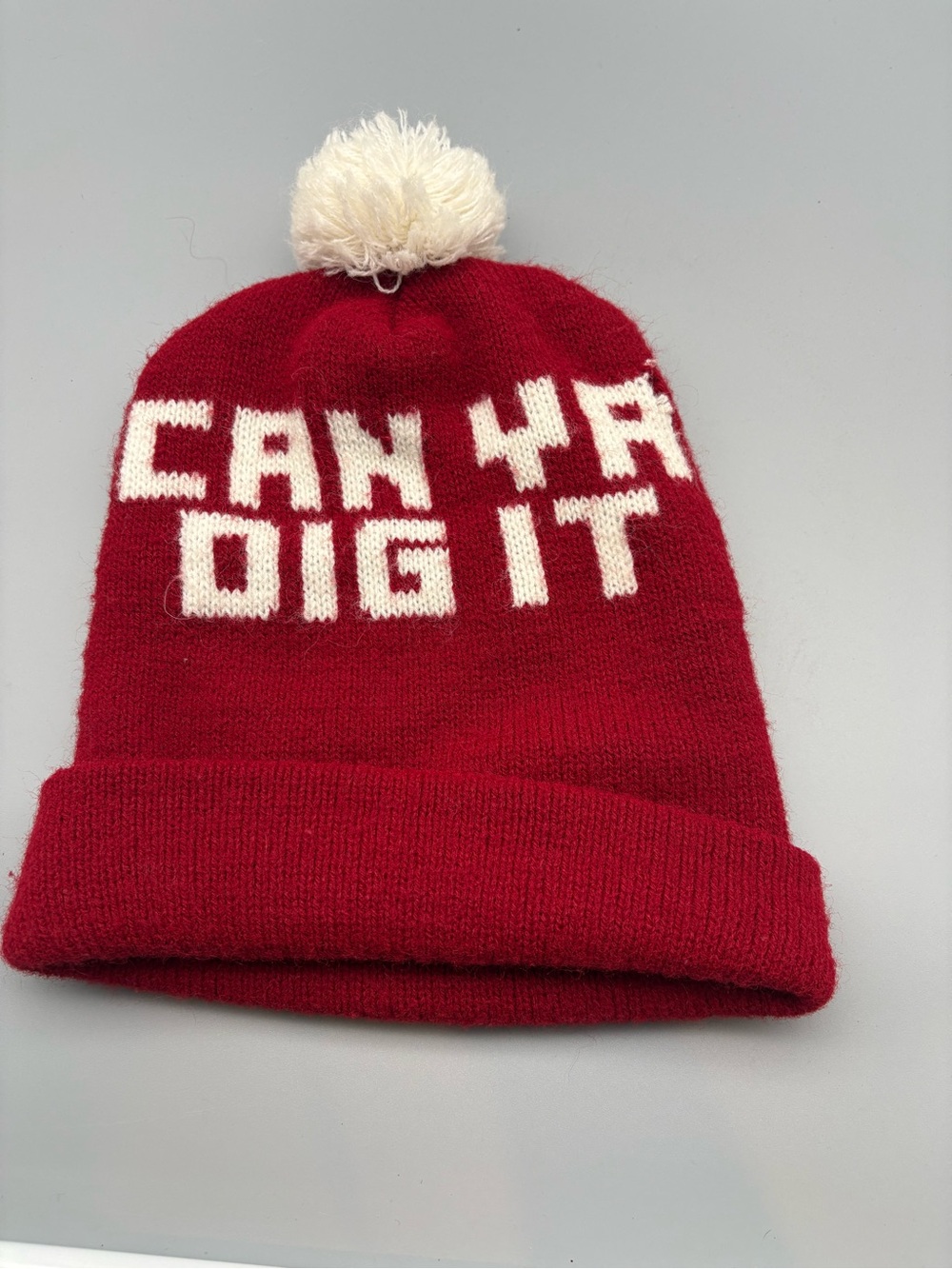 Vintage Red Pom-Pom Beanie Hat - 'Can Ya Dig It'
